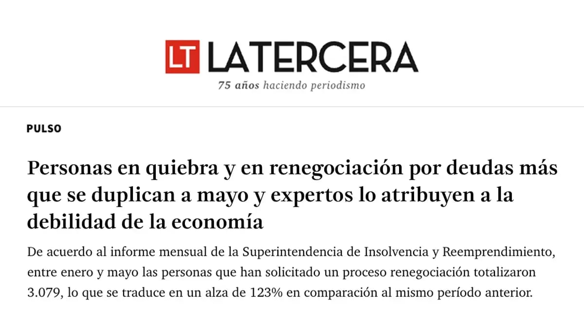 Artículo de La Tercera titulado: personas en quiebra y en renegociación por deudas más que se duplican a mayo según informe de la Superintendencia de Insolvencia.