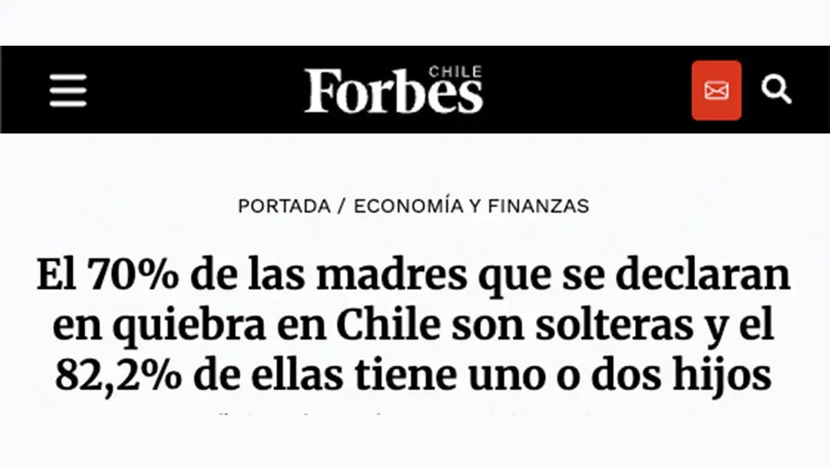 Artículo de Forbes Chile: el 70% de las madres que se declaran en quiebra en Chile son solteras y el 82,2% tiene uno o dos hijos.