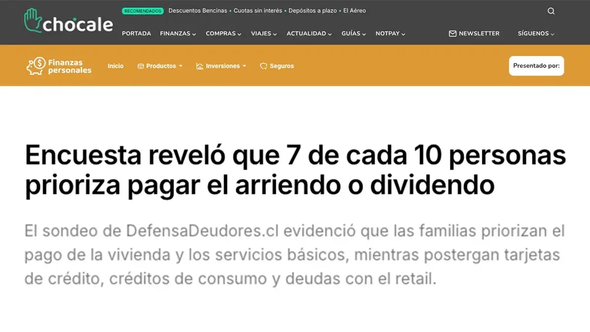 Titular de Chócale (Finanzas Personales): encuesta revela que 7 de cada 10 personas prioriza pagar el arriendo o dividendo.