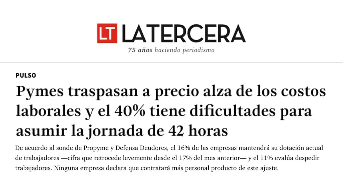 Titular de La Tercera: pymes enfrentan el alza de costos laborales y dificultades con la jornada de 42 horas.